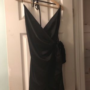 Black satin wrap dress from pretty little thing!